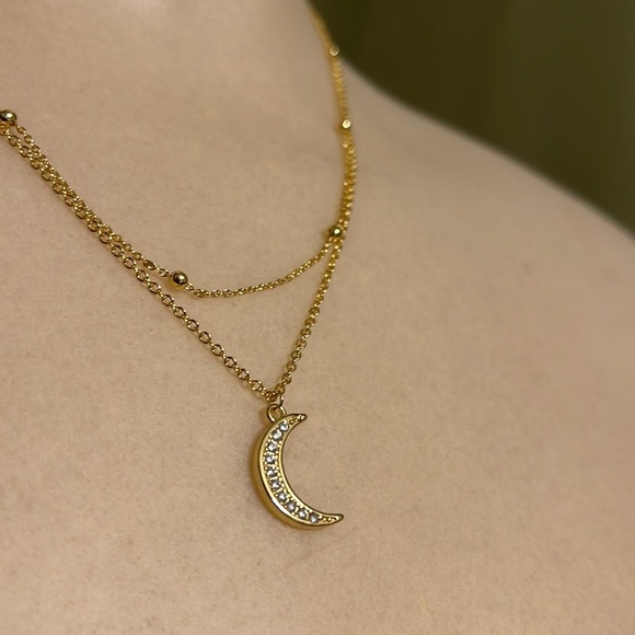 Sterling Silver Gold Plated Crescent Moon Double Strand Crystal Necklace - Picture 11 of 11